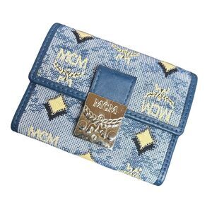 NWOT Auth MCM Veritas Trifold Small Monogram Logo Blue Snap Closure Mini Wallet
